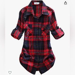 Flannel Red Plaid Button Up Shirt, S, 100% cotton